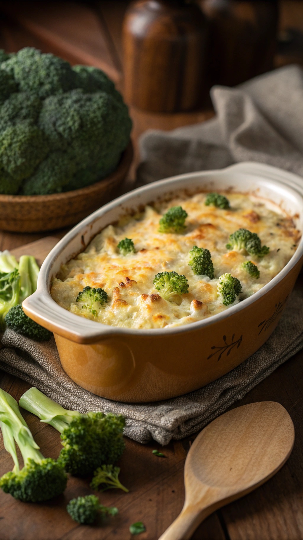 Cheesy broccoli and rice casserole in a baking dish with fresh broccoli in the background.