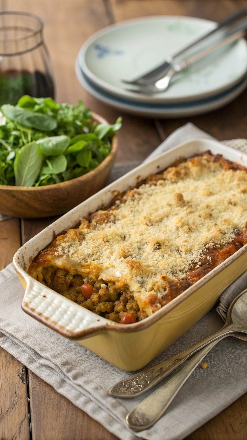 A baked lentil casserole served with a fresh green salad on a wooden table.