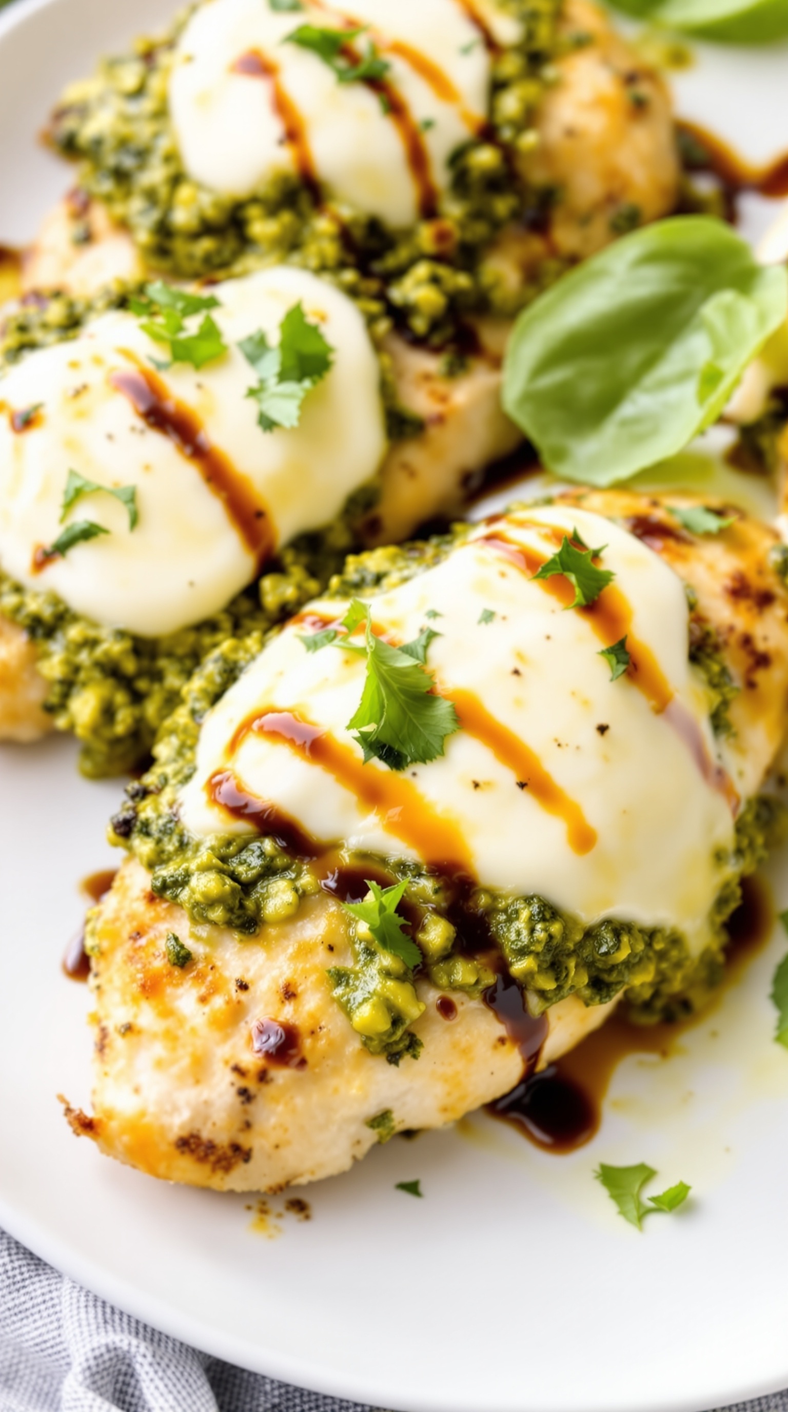 Baked Pesto Chicken with Mozzarella topped with fresh basil and balsamic glaze