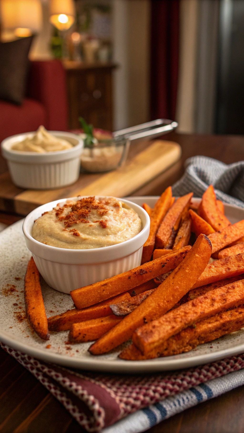 Baked sweet potato fries served with hummus in a white bowl, garnished with spices.