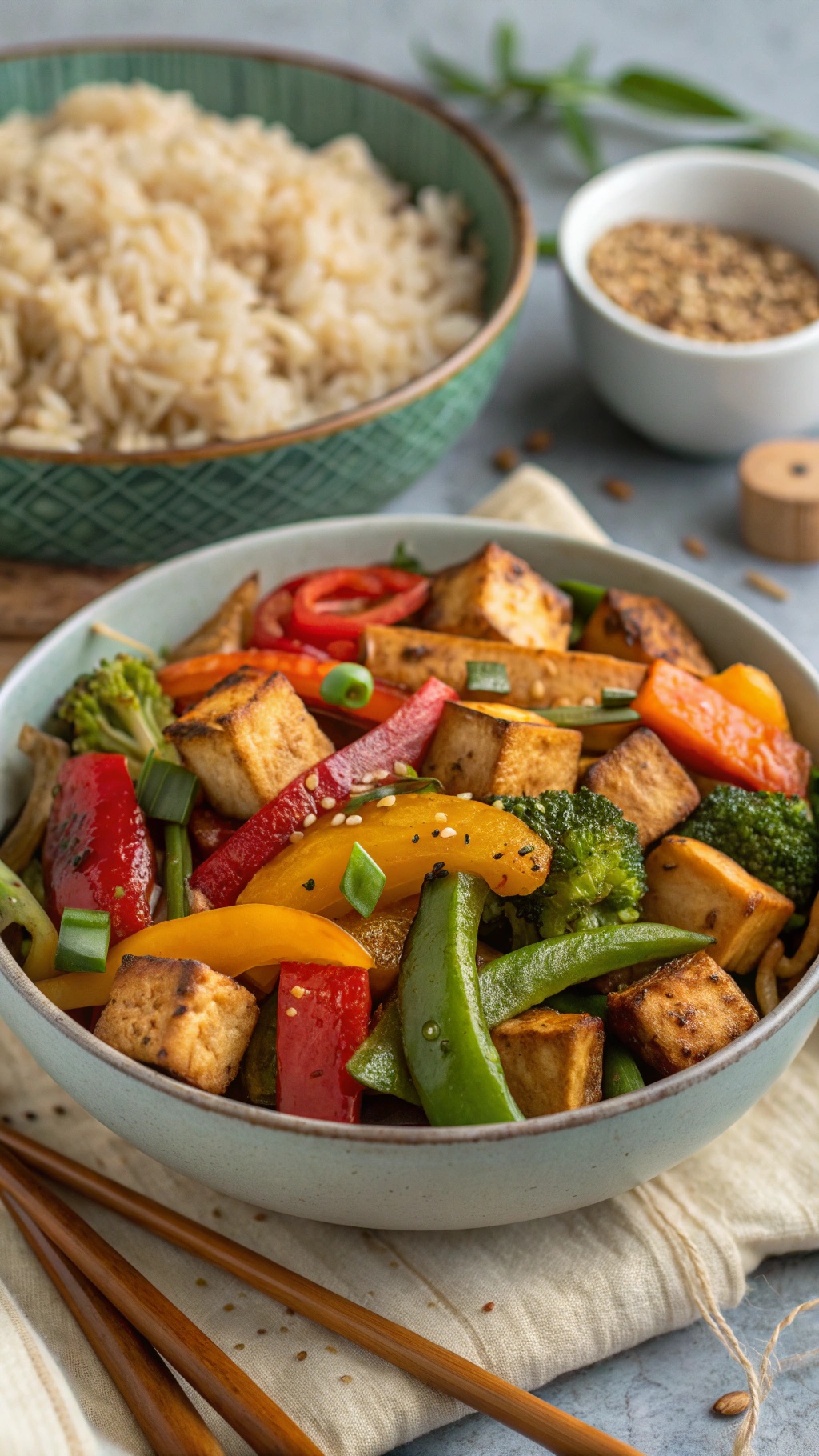 A colorful bowl of baked tofu stir-fry with bell peppers, broccoli, and green beans, served with brown rice.
