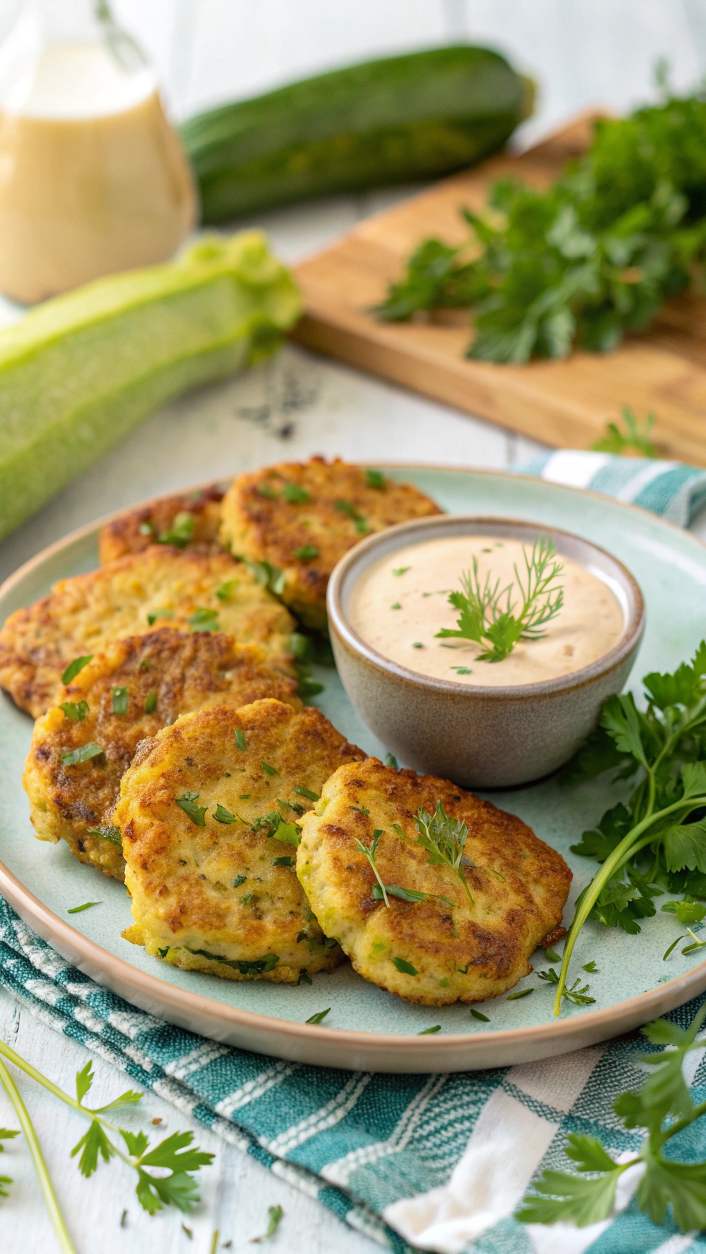 Plate of baked zucchini fritters with a crispy golden crust, served with a dipping sauce and garnished with fresh herbs.