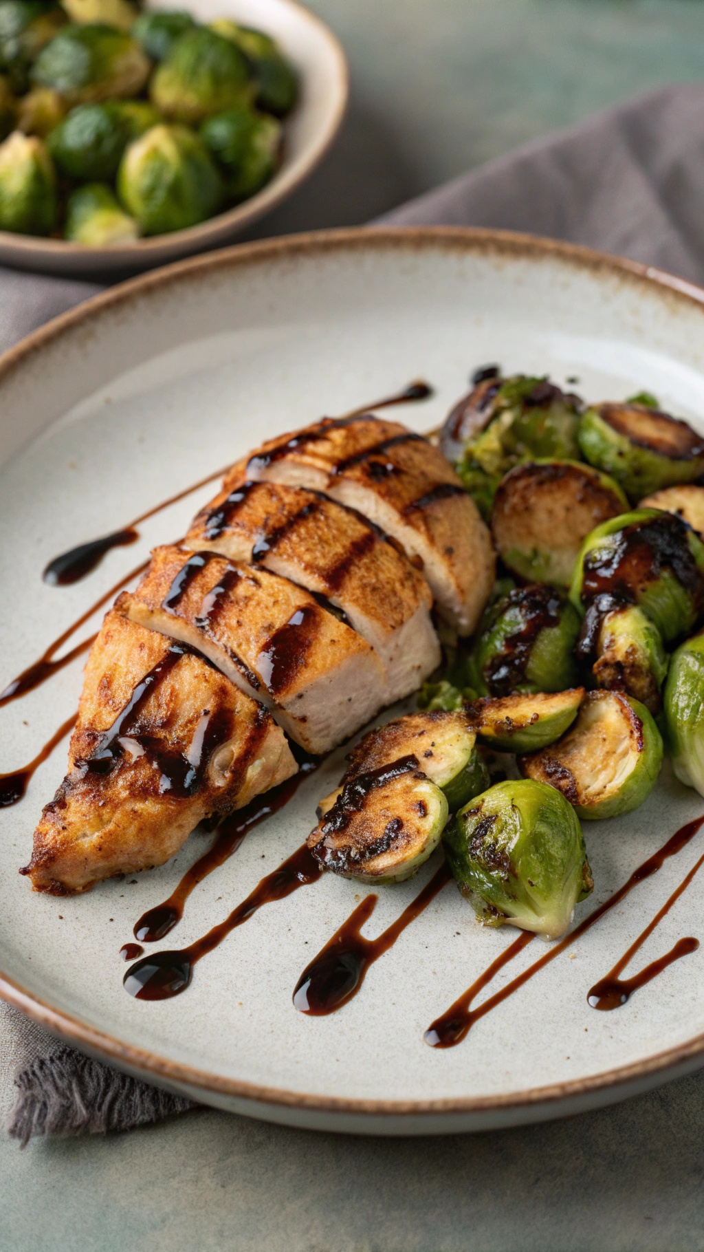 Balsamic chicken breast with roasted Brussels sprouts on a plate