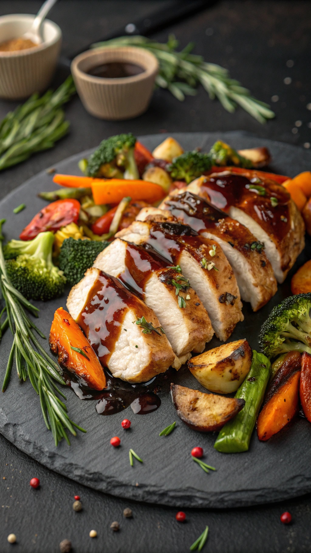 Balsamic glazed chicken served with colorful roasted vegetables on a slate plate.