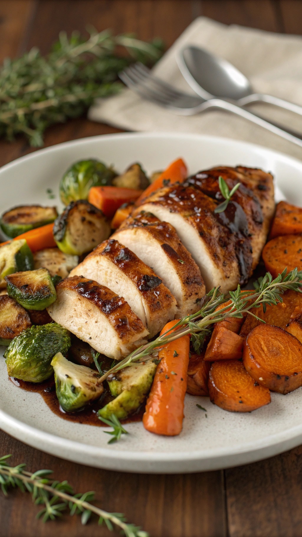 Balsamic glazed chicken breast served with roasted vegetables including Brussels sprouts, carrots, and zucchini.