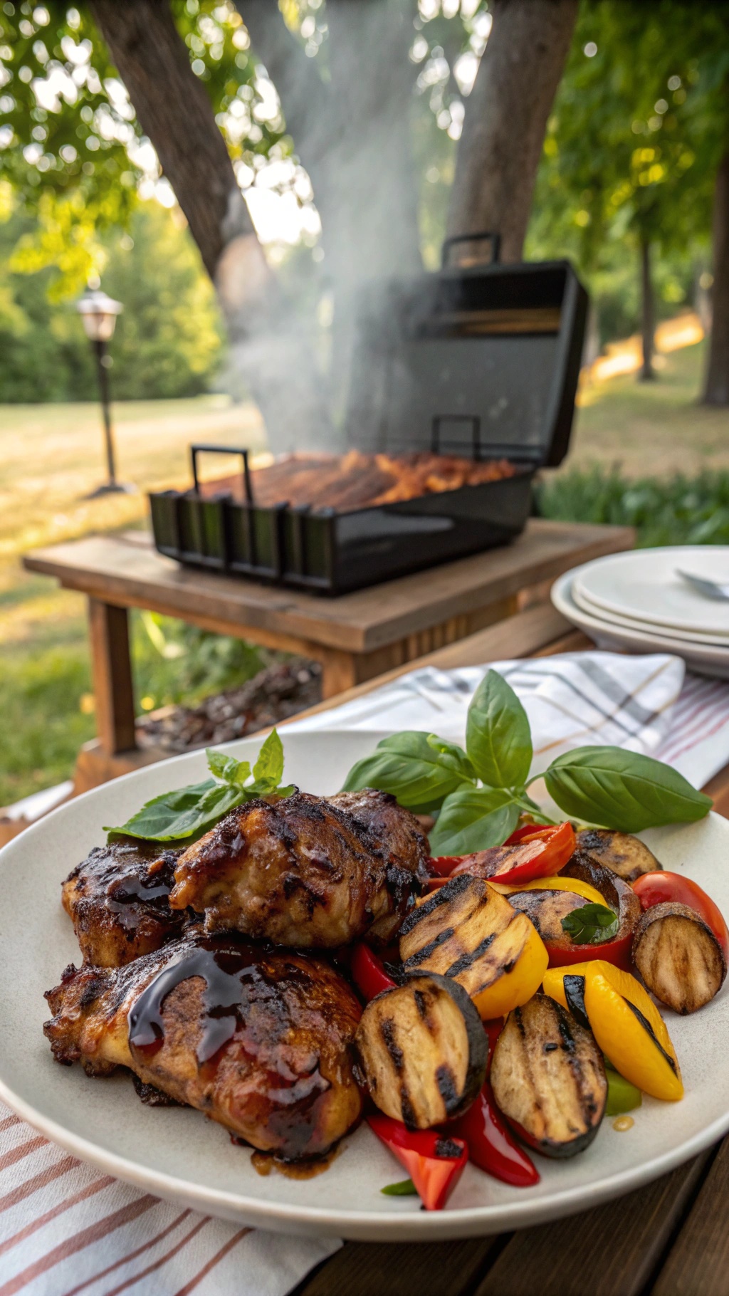 Balsamic glazed grilled chicken thighs with grilled vegetables on a plate, with a grill in the background.