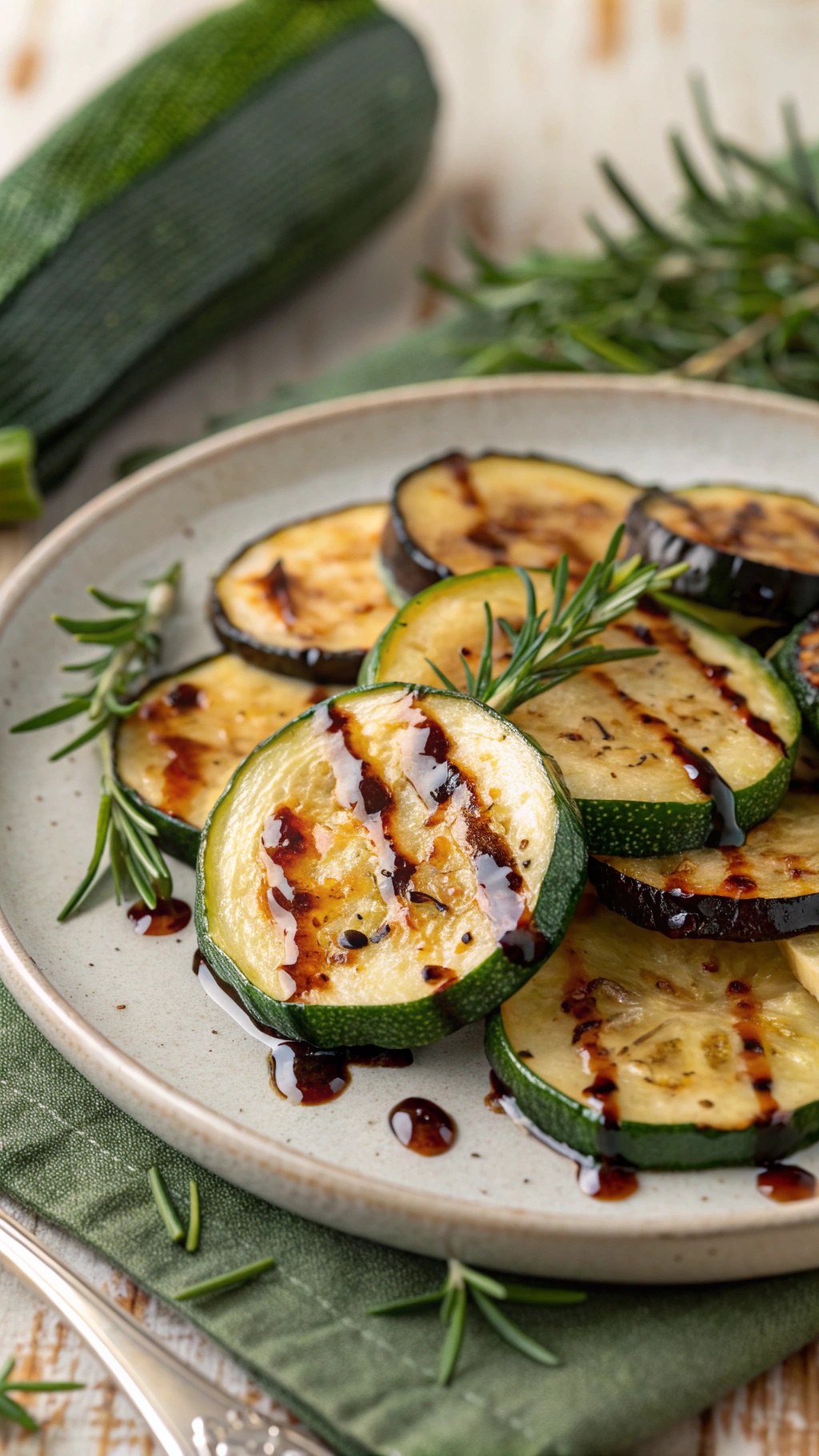 Plate of balsamic glazed roasted zucchini slices garnished with rosemary