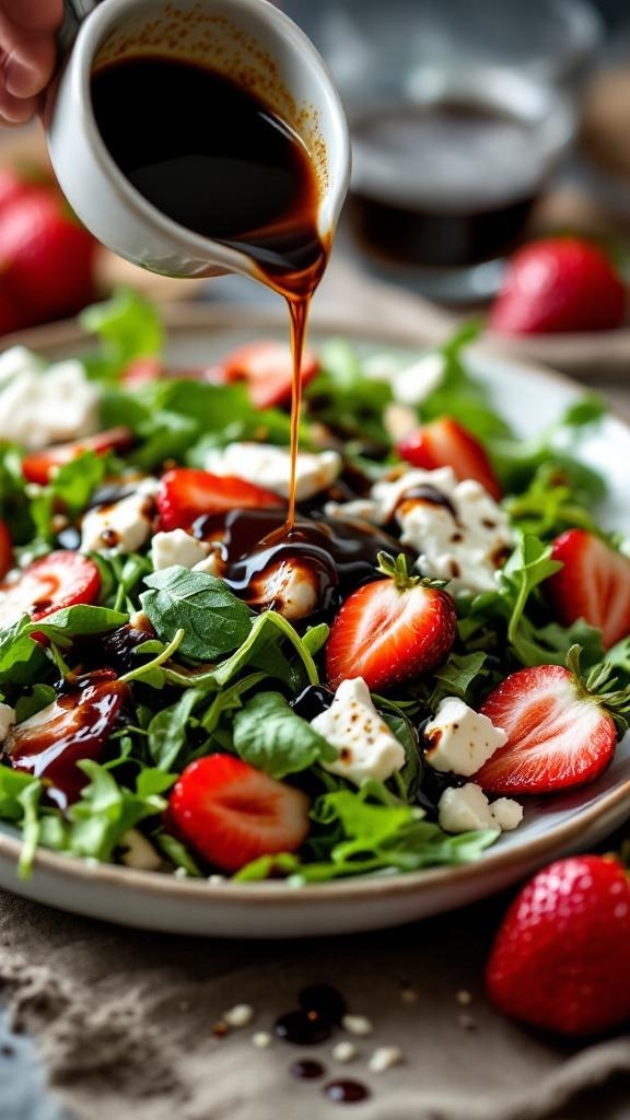 A fresh salad with strawberries, arugula, and feta cheese, topped with a balsamic reduction being poured from a small jug.