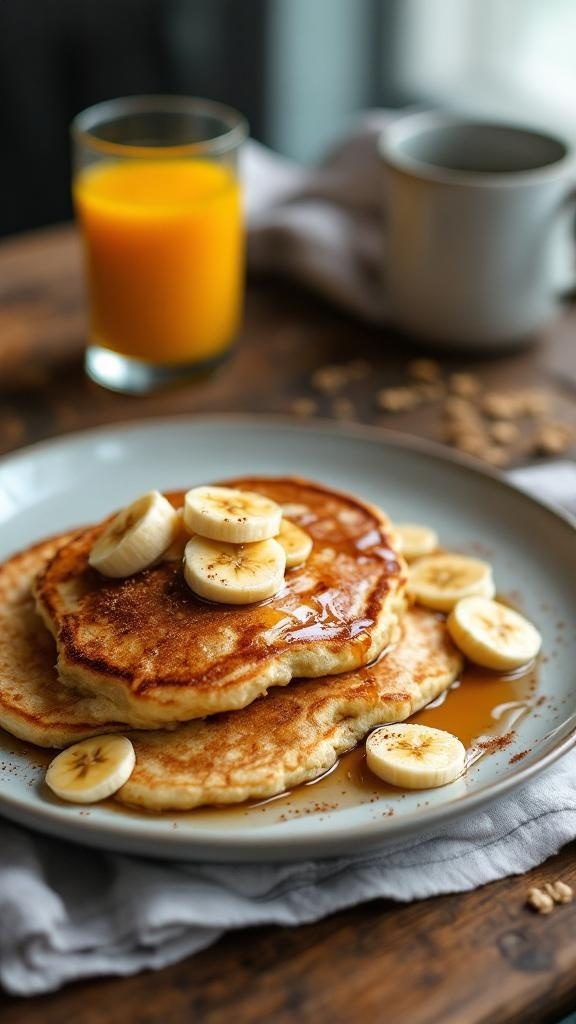 A plate of banana oatmeal protein pancakes topped with banana slices and syrup, with a glass of orange juice in the background.