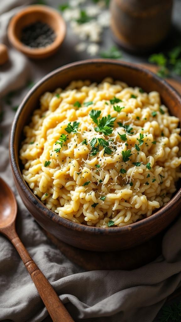 A bowl of creamy risotto garnished with parsley, served with a wooden spoon.