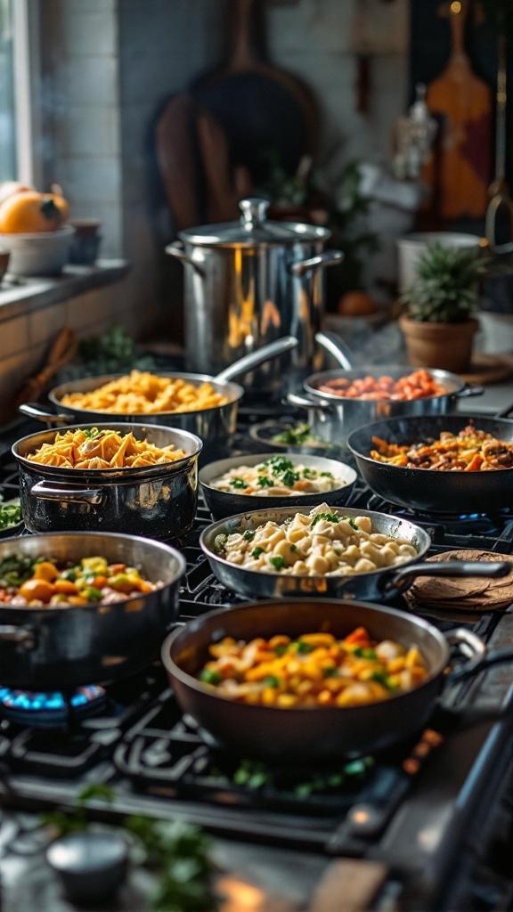 A kitchen scene with multiple pots and pans on the stove, showcasing a variety of colorful dishes being batch cooked.