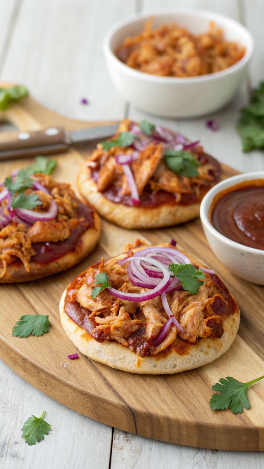 Mini BBQ chicken pizzas topped with red onions and cilantro on a wooden board.