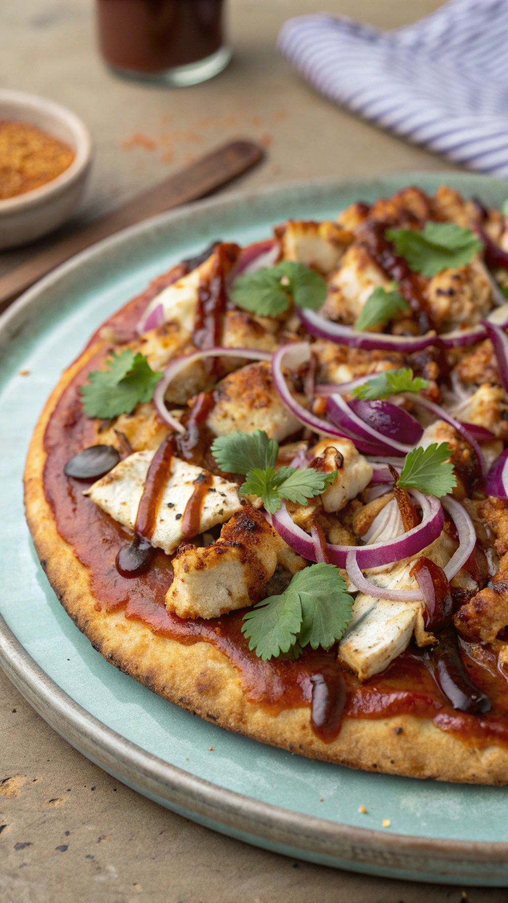 BBQ Chicken Cauliflower Pizza topped with grilled chicken, red onions, and cilantro