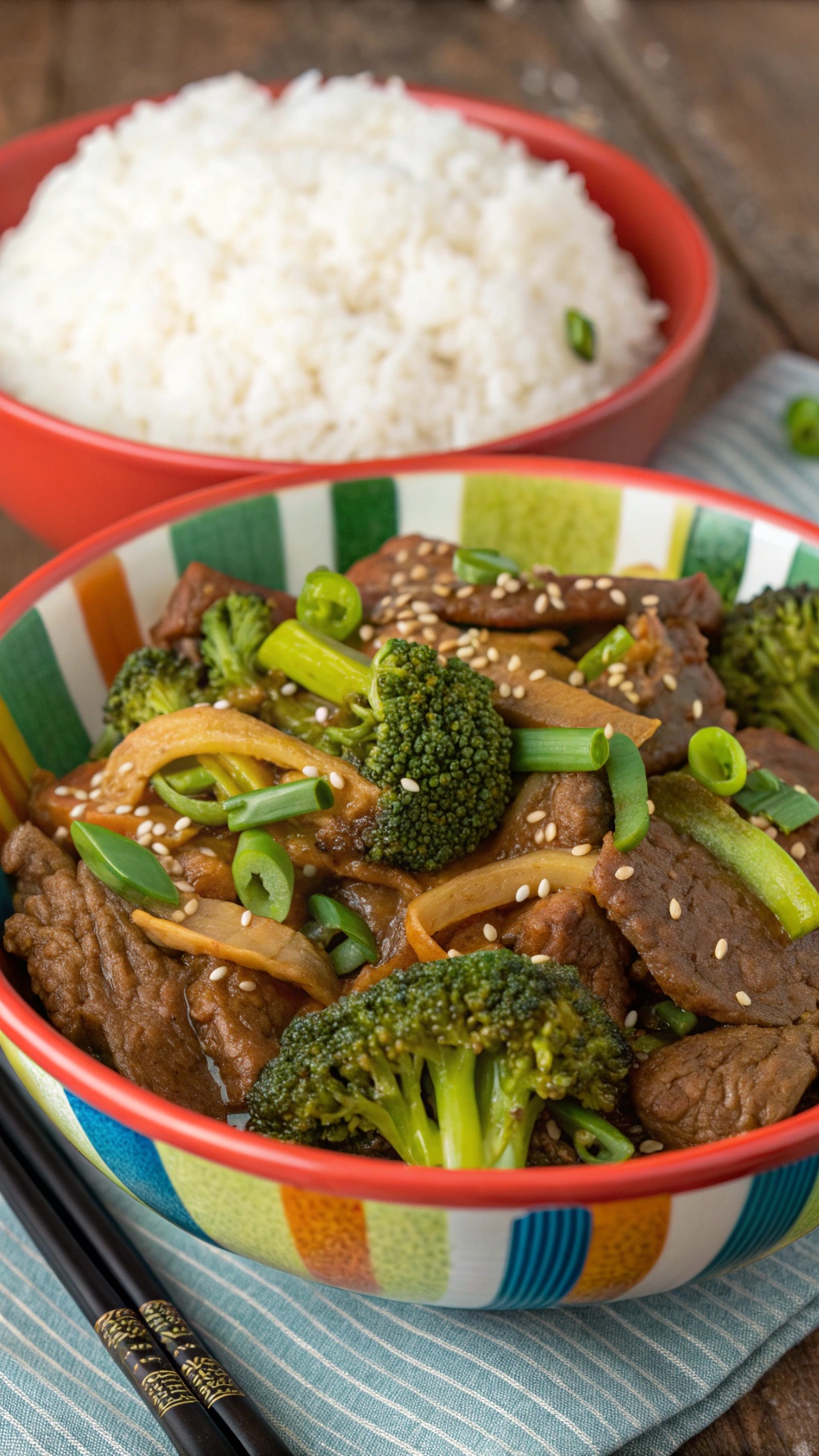 Beef stir-fry with broccoli served in a colorful bowl with rice in the background