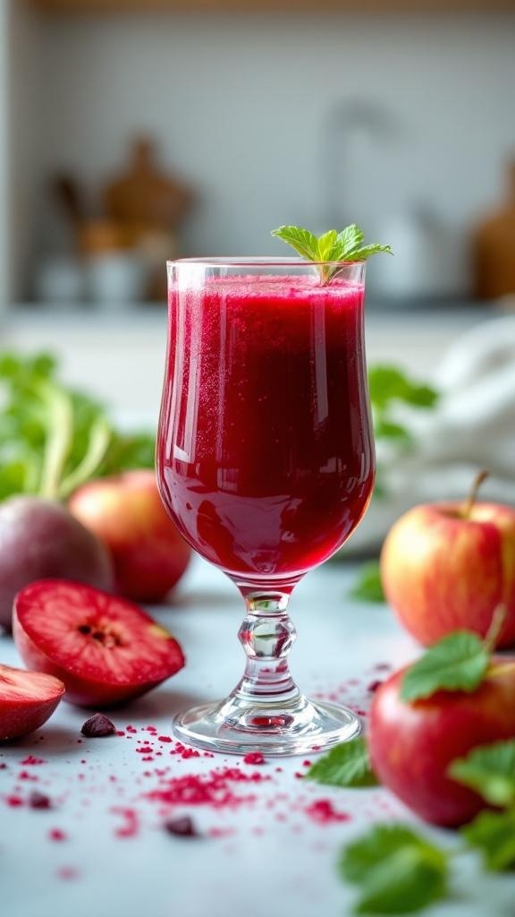 A vibrant glass of beetroot and apple juice garnished with mint, surrounded by fresh apples and beetroot.