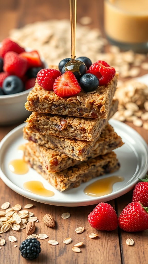 A stack of berry granola bars topped with fresh strawberries and blueberries, with oats and nuts scattered around.
