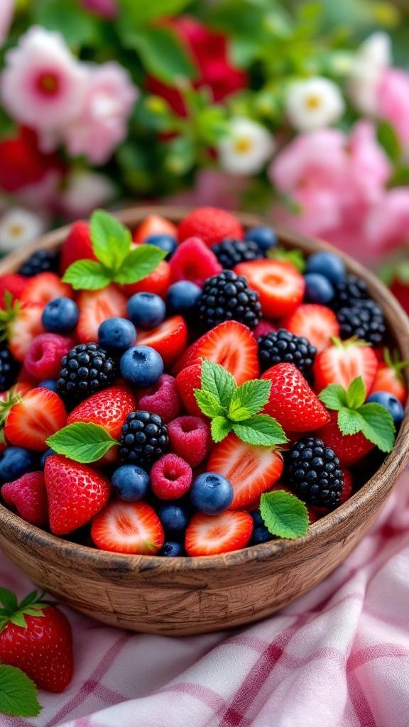 A colorful bowl of mixed berries including strawberries, blueberries, blackberries, and raspberries, garnished with mint leaves.