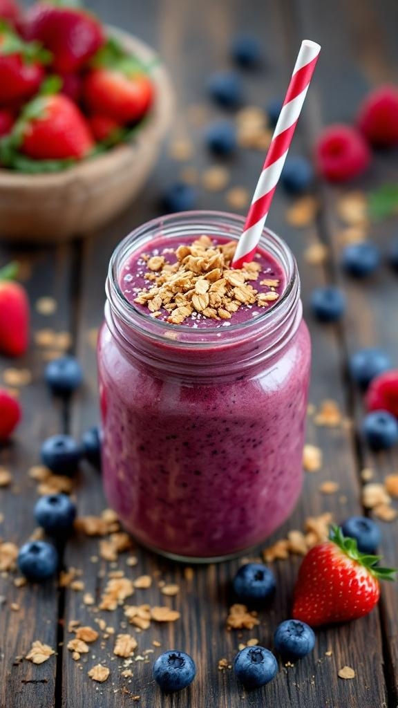 A colorful berry smoothie in a mason jar topped with granola, surrounded by fresh berries.