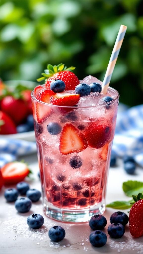 A refreshing Berry Bliss Cooler drink with strawberries and blueberries, served in a glass with a striped straw.