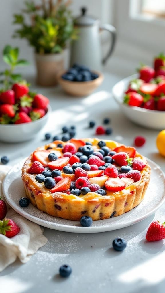 A healthy mixed berry breakfast bake topped with strawberries and blueberries, surrounded by fresh fruit.