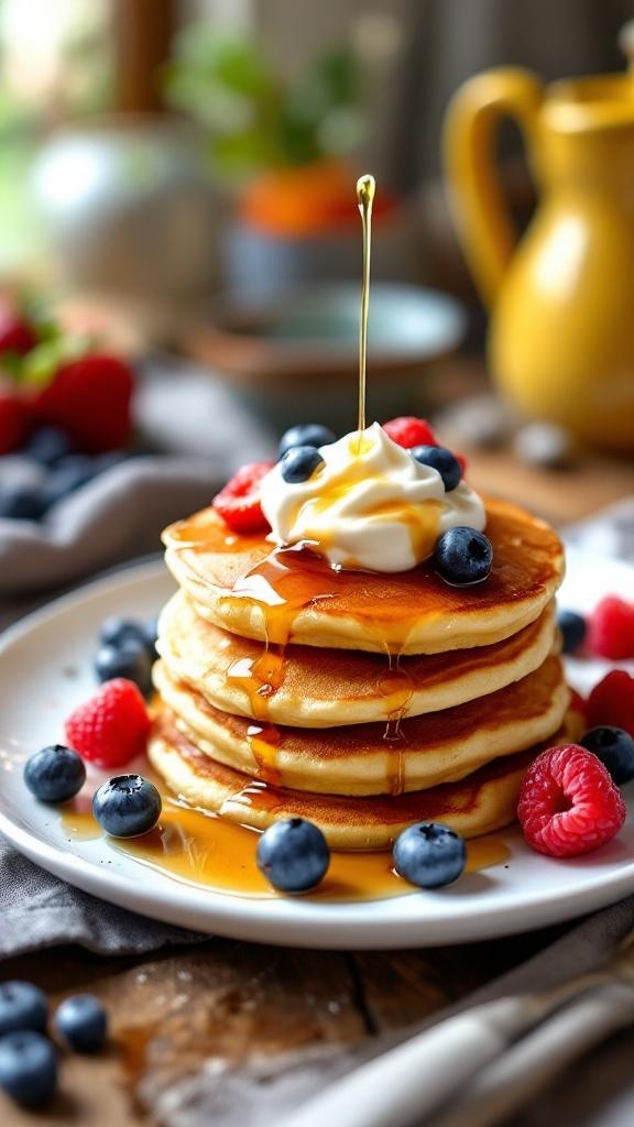 Stack of high-protein pancakes topped with berries and syrup