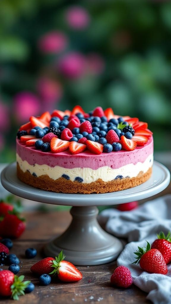 A colorful no-bake mixed berry cheesecake topped with strawberries, blueberries, and raspberries, displayed on a cake stand.