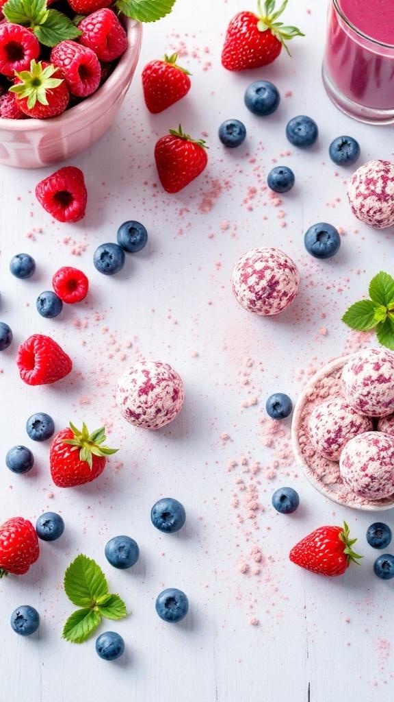 A colorful display of mixed berry protein balls surrounded by fresh strawberries, blueberries, and mint leaves.