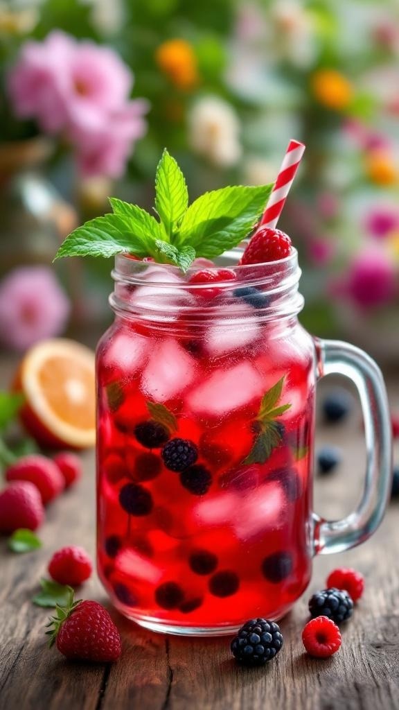 A refreshing glass of Berry Hibiscus Iced Tea with mixed berries and mint, perfect for summer.