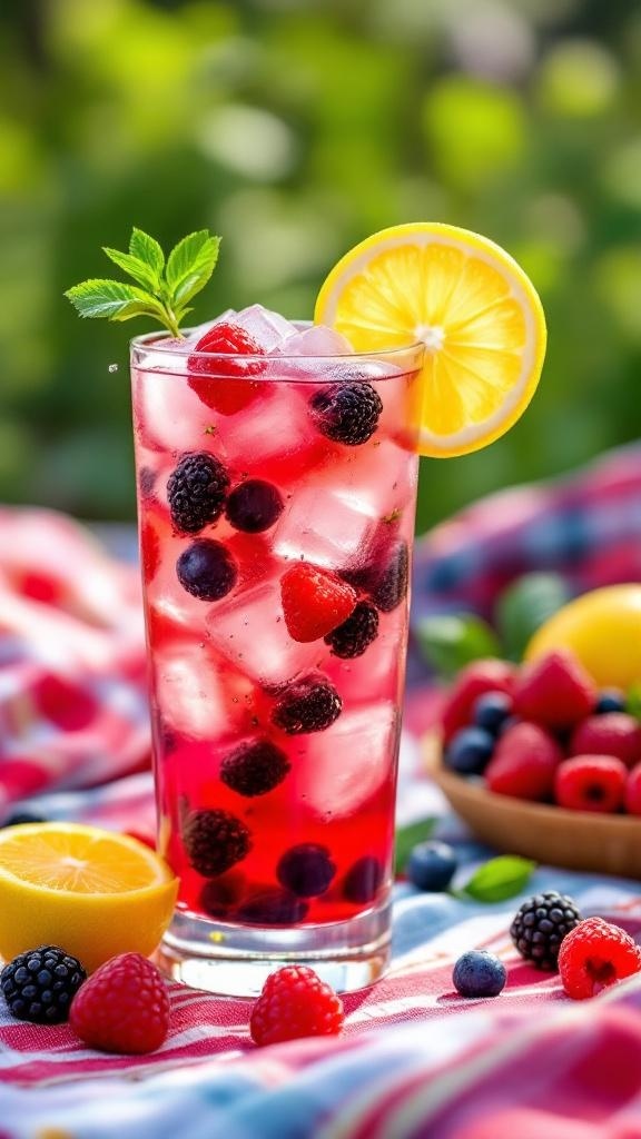 A refreshing glass of berry hibiscus tea with ice, garnished with lemon and mint, surrounded by fresh berries.