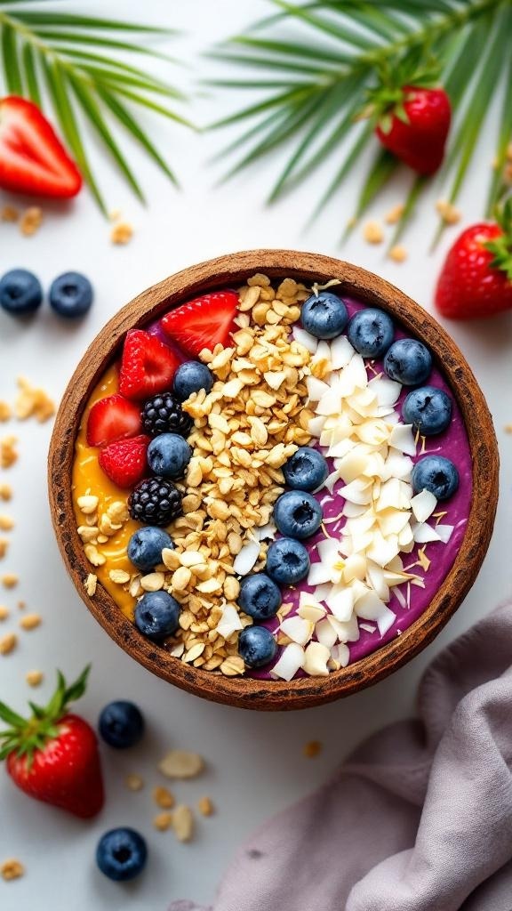 A colorful berry protein smoothie bowl topped with fresh berries, granola, and coconut flakes.