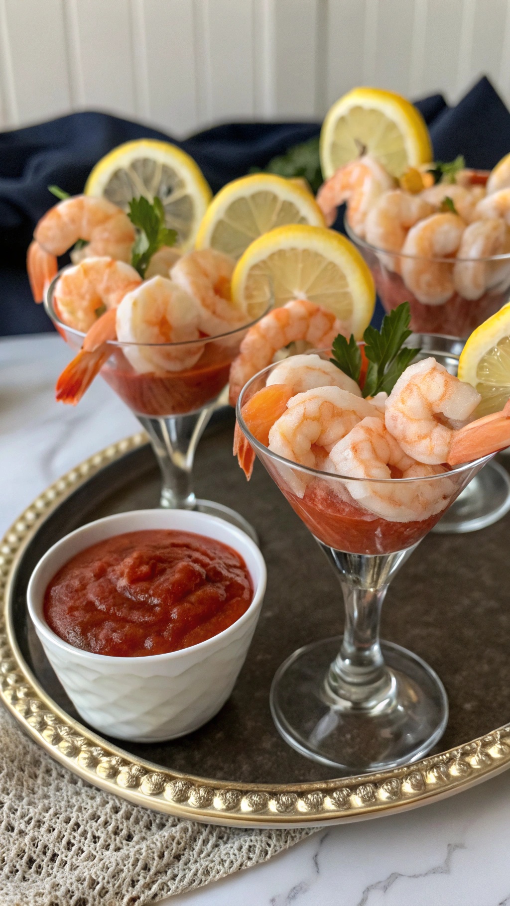 A beautifully arranged shrimp cocktail in glasses with lemon slices and cocktail sauce