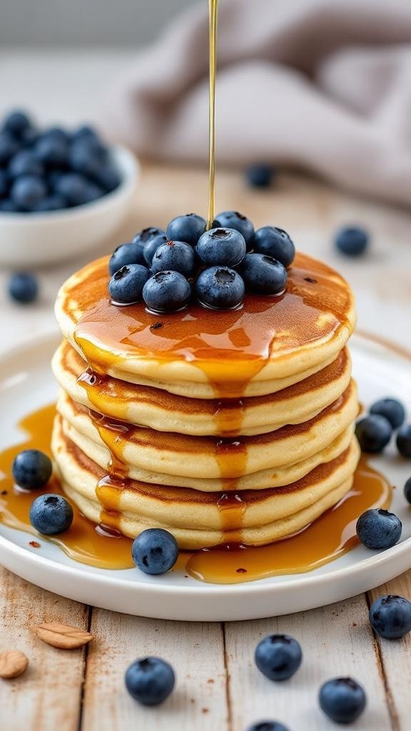 Stack of blueberry almond flour pancakes with syrup and fresh blueberries