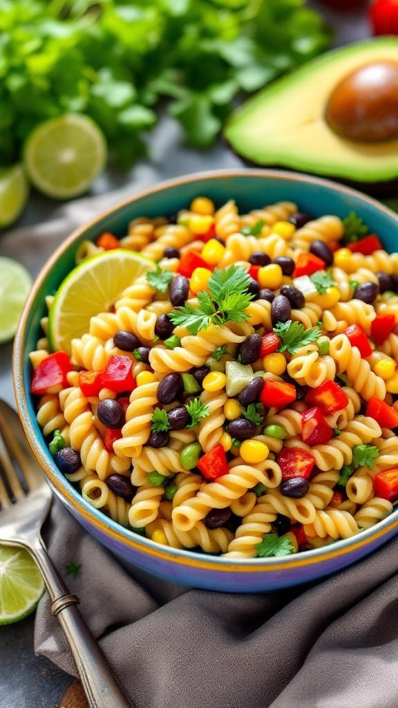 A colorful bowl of Southwest Pasta Salad with black beans, corn, and bell peppers, garnished with lime and cilantro.