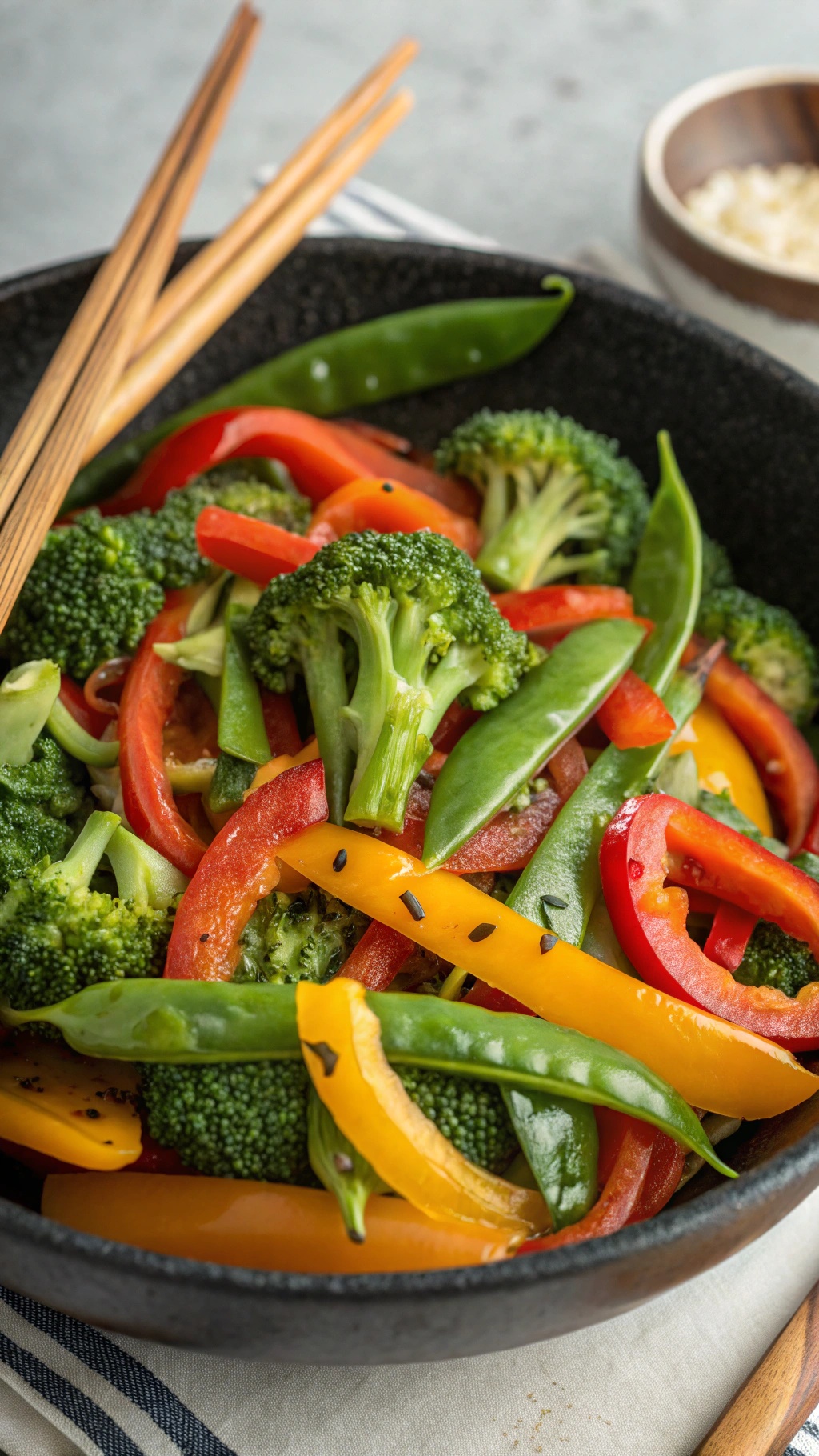 A colorful bowl of rainbow veggie stir-fry with broccoli, bell peppers, and snap peas, served with chopsticks.