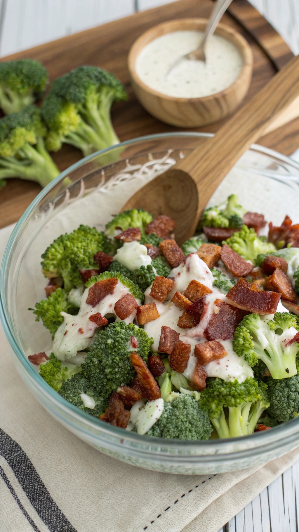 A bowl of broccoli and bacon salad with creamy dressing, garnished with crispy bacon bits.