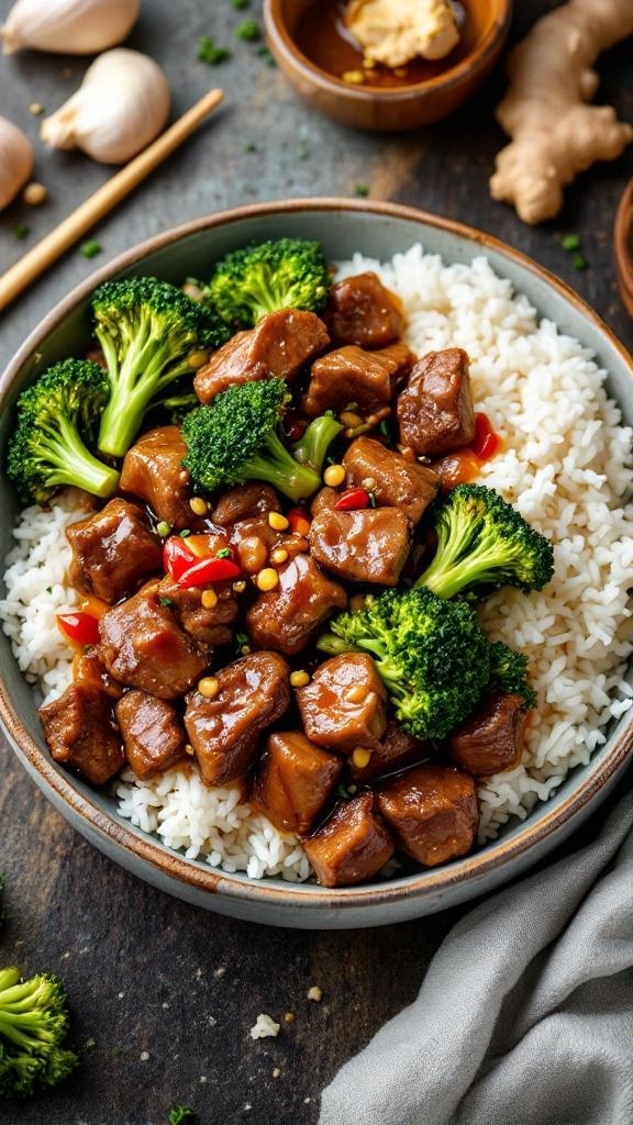 A delicious bowl of beef and broccoli served over rice, garnished with red pepper flakes and fresh broccoli.