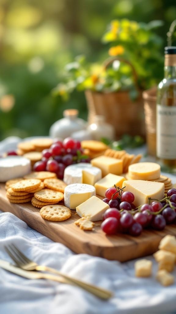 A picnic spread featuring various cheeses, crackers, and fresh grapes on a wooden board.