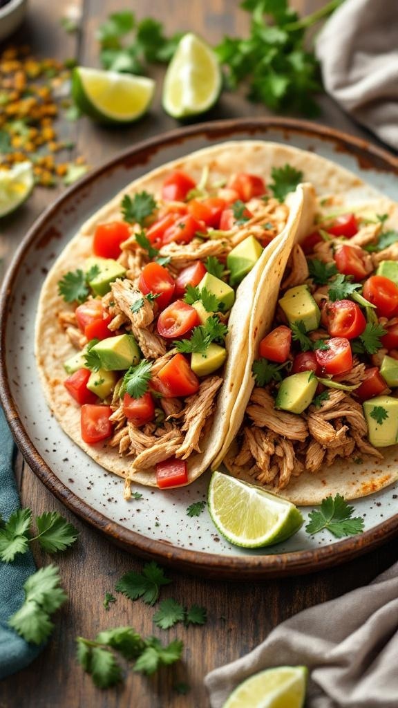 Two chicken tacos filled with shredded chicken, diced tomatoes, and avocado, garnished with cilantro and lime wedges.