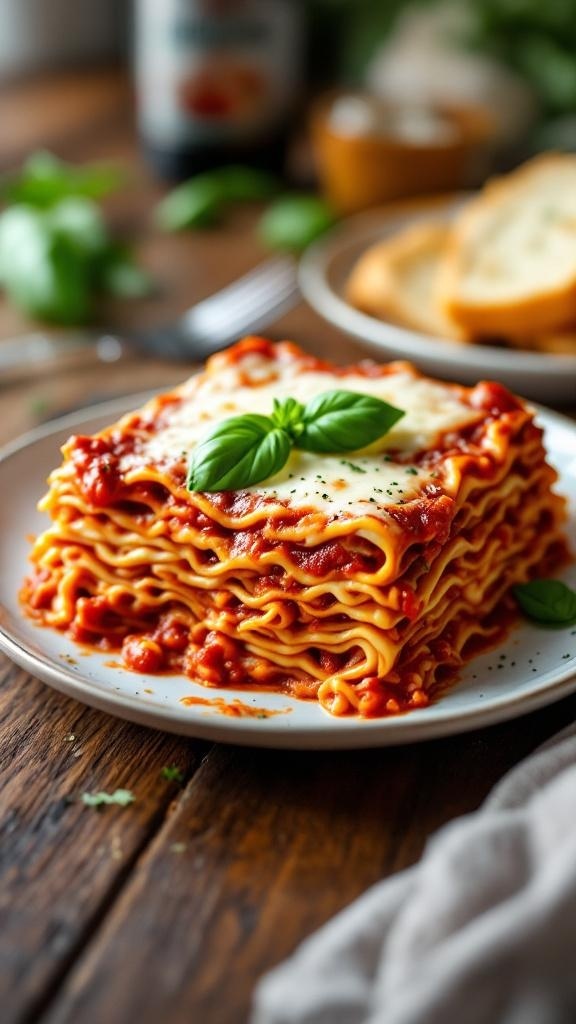 A plate of classic lasagna topped with basil, served on a wooden table.