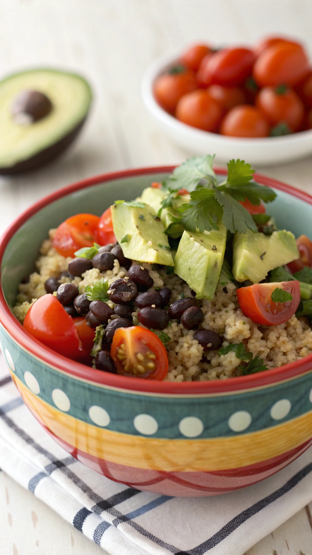 A colorful quinoa and black bean bowl topped with avocado, tomatoes, and cilantro.