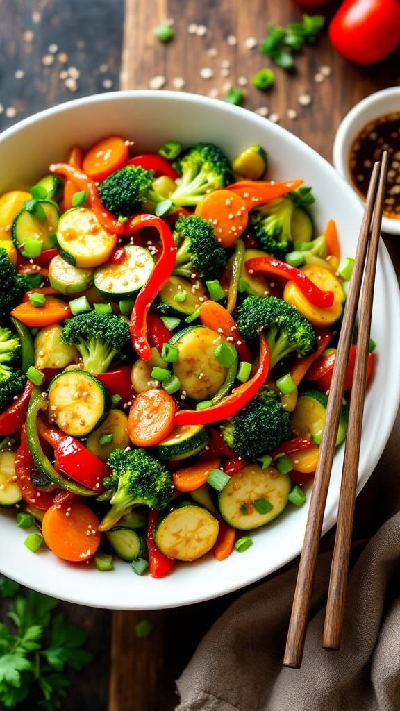 A colorful zucchini stir-fry with broccoli, bell peppers, and carrots in a white bowl, garnished with green onions and sesame seeds.