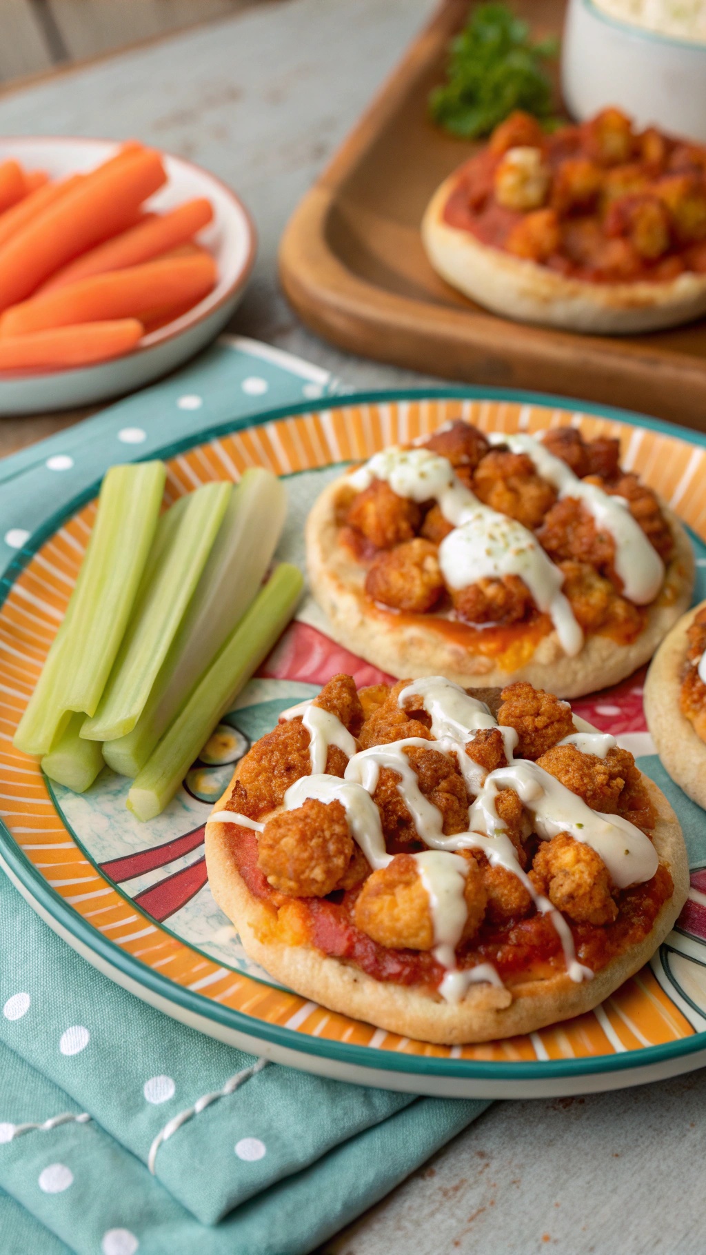 Buffalo cauliflower mini pizzas served with celery and carrots
