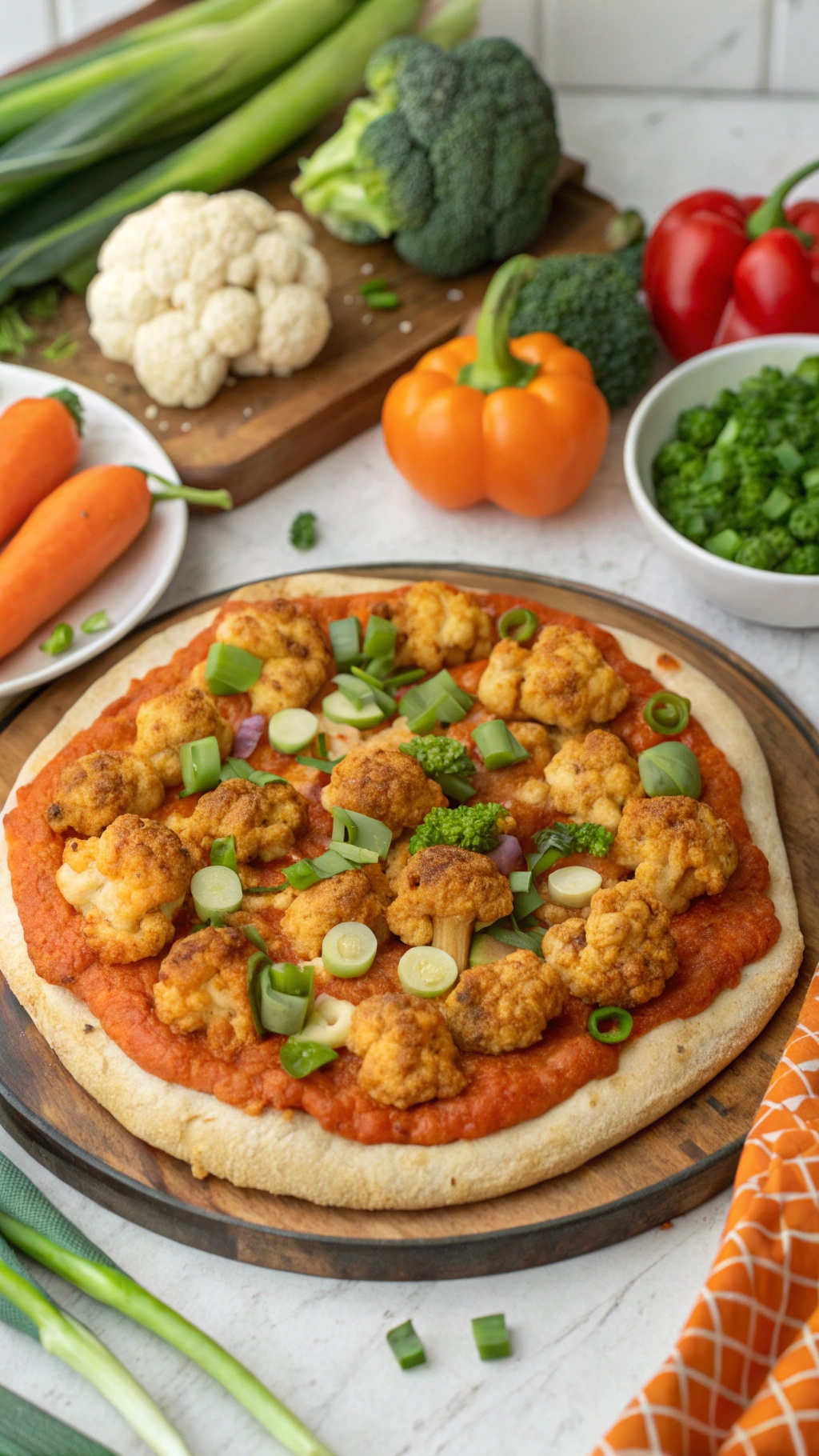 Buffalo Cauliflower Pizza topped with green onions and surrounded by fresh vegetables.