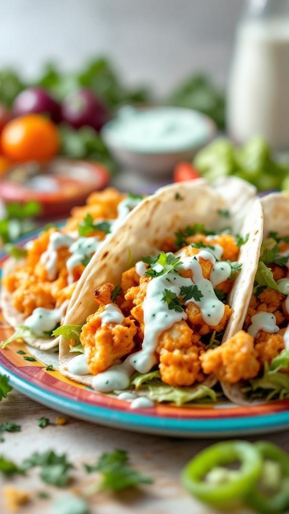 Buffalo Cauliflower Tacos with Blue Cheese Dressing on a colorful plate