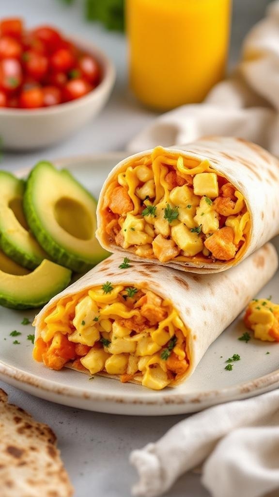 Buffalo chicken dip breakfast burritos with avocado and cherry tomatoes on a plate.