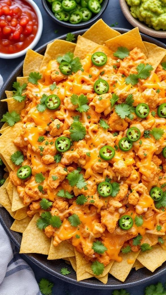 A plate of nachos topped with buffalo chicken dip, cheese, jalapeños, and cilantro.