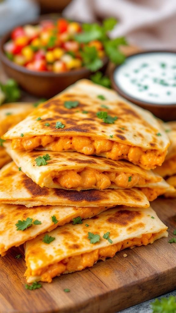 Delicious buffalo chicken dip quesadillas stacked on a wooden board with fresh herbs and dips in the background.