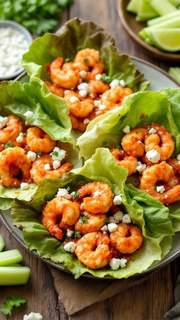 Buffalo shrimp lettuce wraps with crumbled cheese and fresh herbs