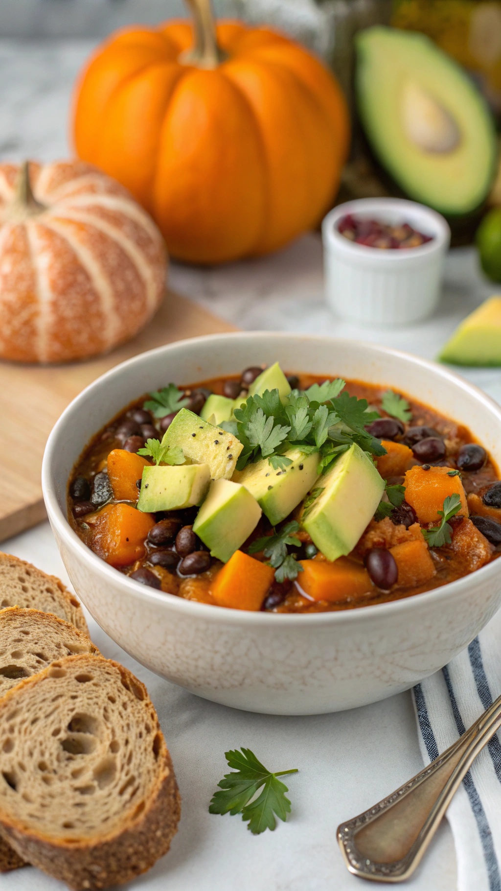 A bowl of butternut squash and black bean chili topped with avocado and cilantro, with pumpkins and bread on the side.