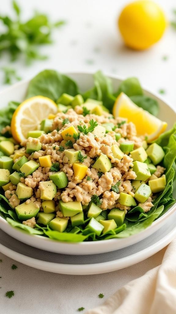 A vibrant salad featuring canned tuna, diced avocado, and fresh greens, garnished with lemon wedges.